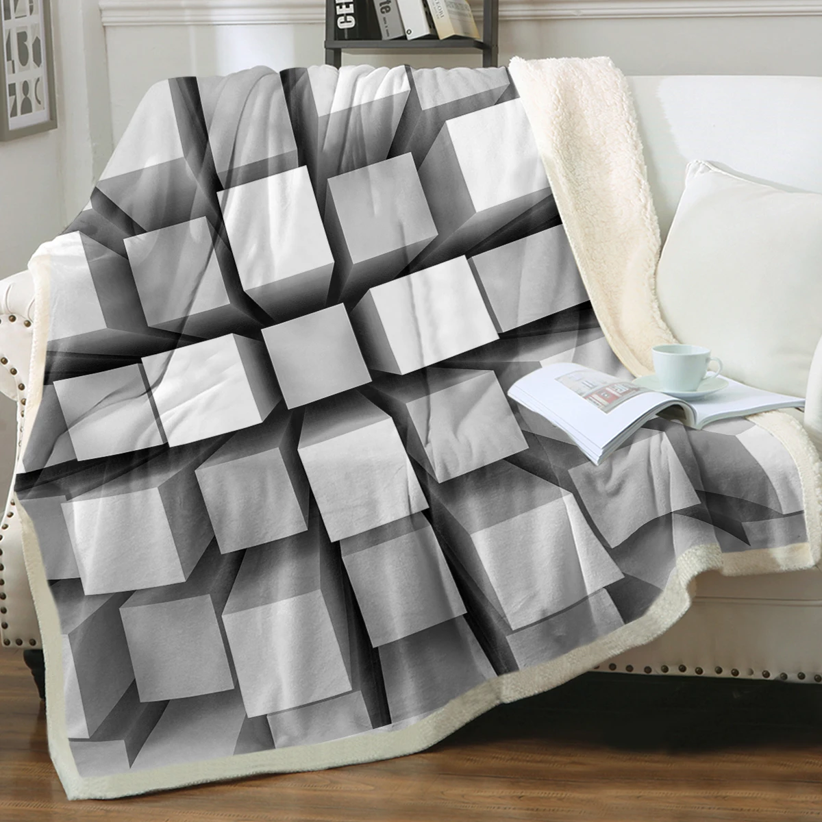 Geometric Squares Blanket Raised 3D Effect Throw Blanket Grey Fleece Blanket Soft & Breathable Sherpa Blanket