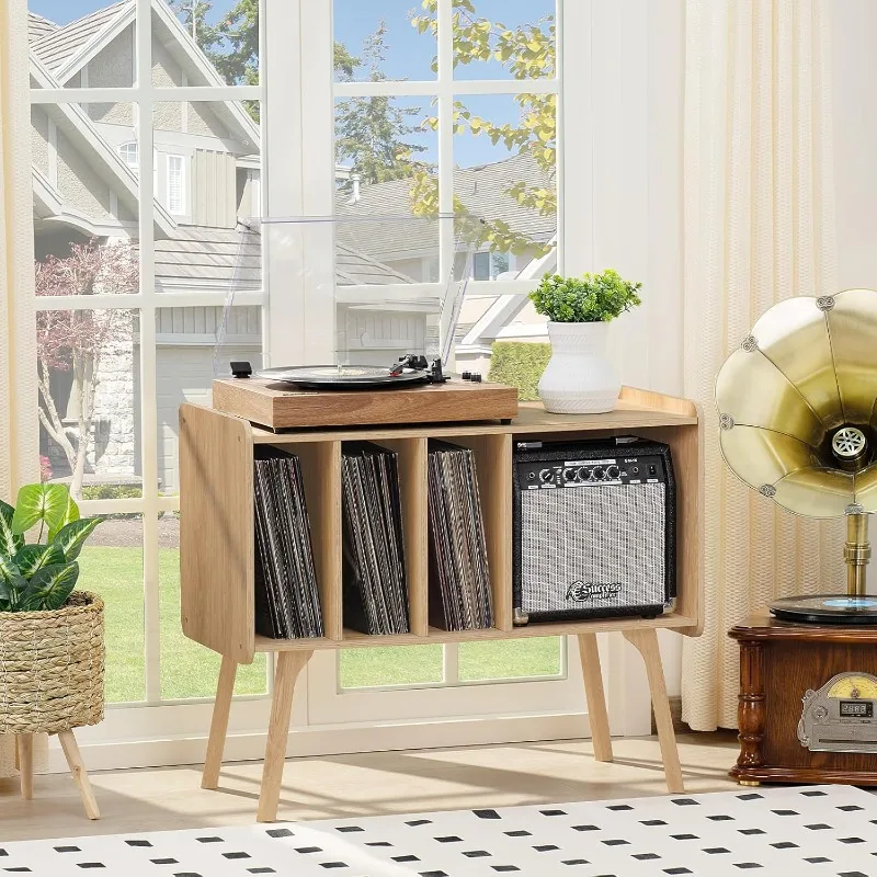 Record Player Stand with 4 Cabinet Holds Up to 220 Albums, Large Stand with Beech Wood Legs, Mid-Century Record Player