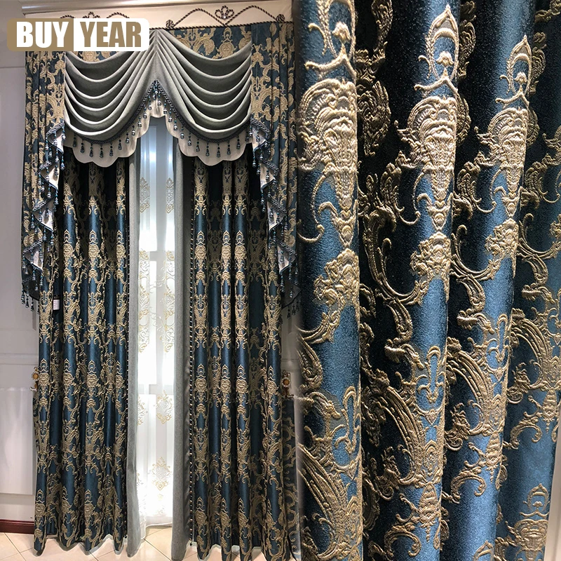 European-style Luxury Blue Coffee Color Curtains for Living Dining Room Bedroom Atmosphere Thickened Blackout Curtain Custom