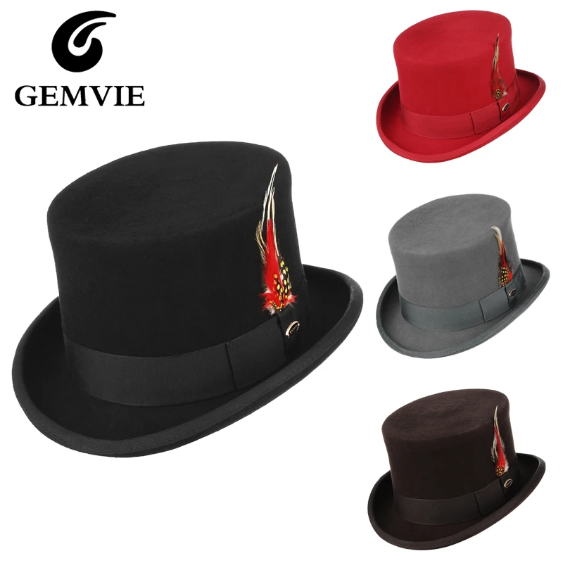 GEMVIE Brand High 100% Wool Felt Top Hat With Feather Cylinder Hat For Women Men Costume Fedoras Classical Derby Magician Cap