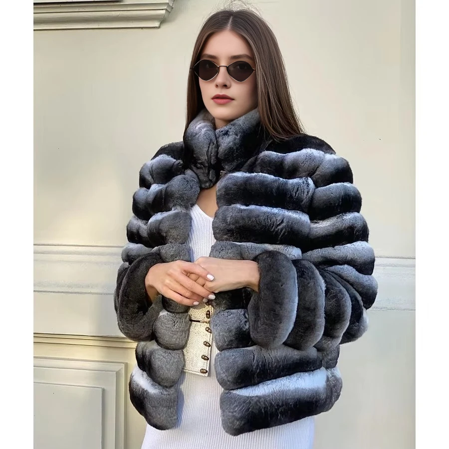 

Natural Rex Rabbit Fur Jacket For Women Real Chinchilla Fur Stand Collar Coat Winter Short Jackets Best Selling Styles