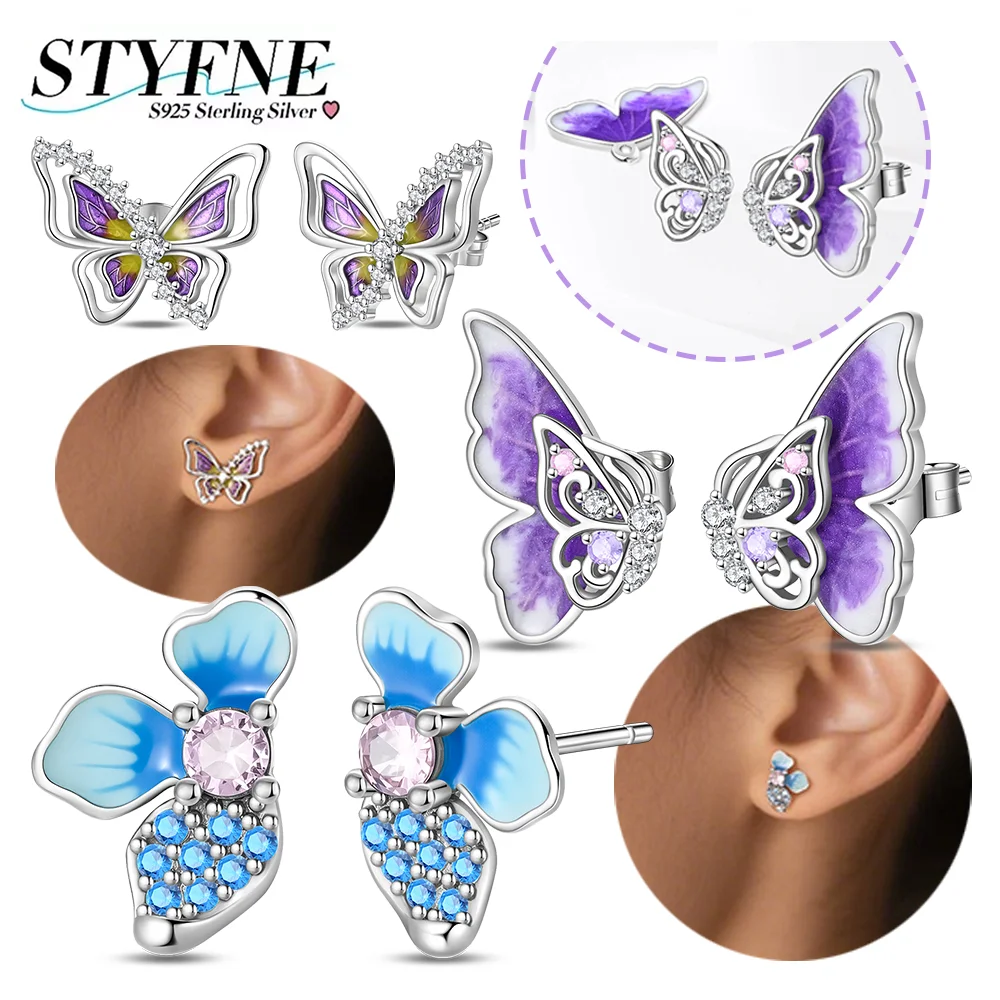 

925 Silver Butterfly Series Earrings Purple Luminous Butterfly Blue Petal Stud Earrings Women Exquisite Jewelry Birthday Gifts