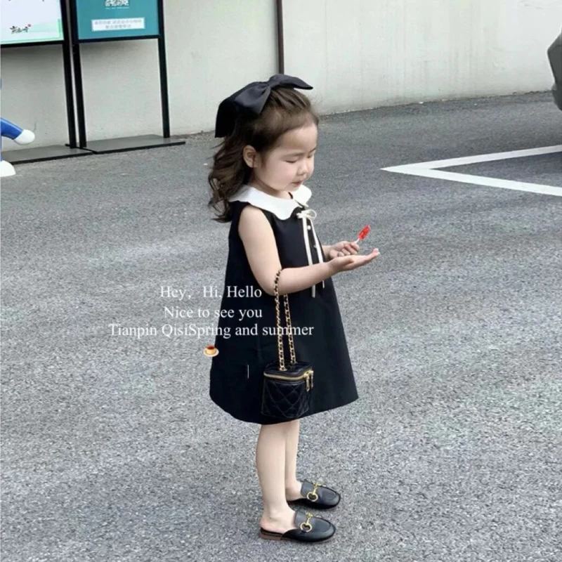 

Classic Little Black Dress for Girls, Summer New Fashionable Sleeveless Doll Collar Vest Dress, Princess Dress Trend