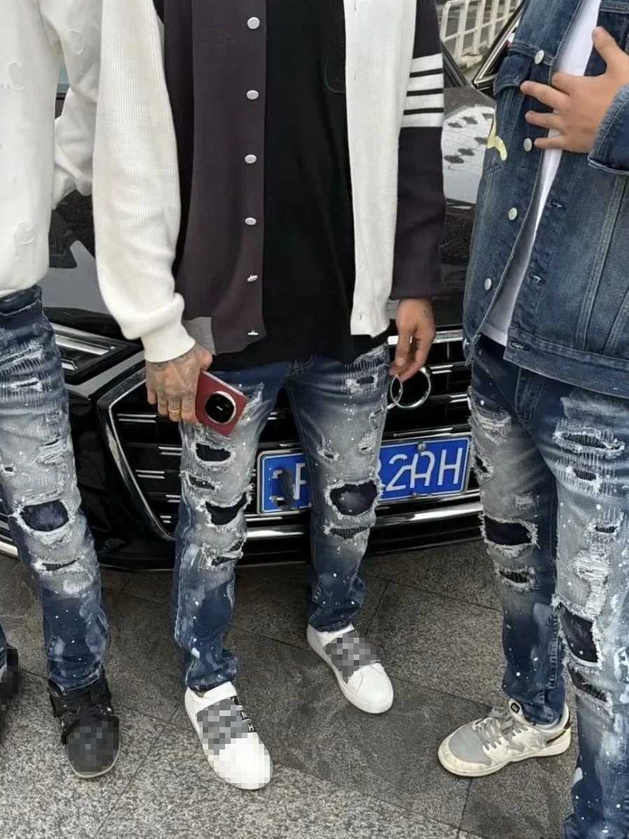 

Korean Sle Men's Denim Jeans Casual Straight Leg Hole Punching Ink Splaing Elastic Slimming Long Pants Faionable All-Match