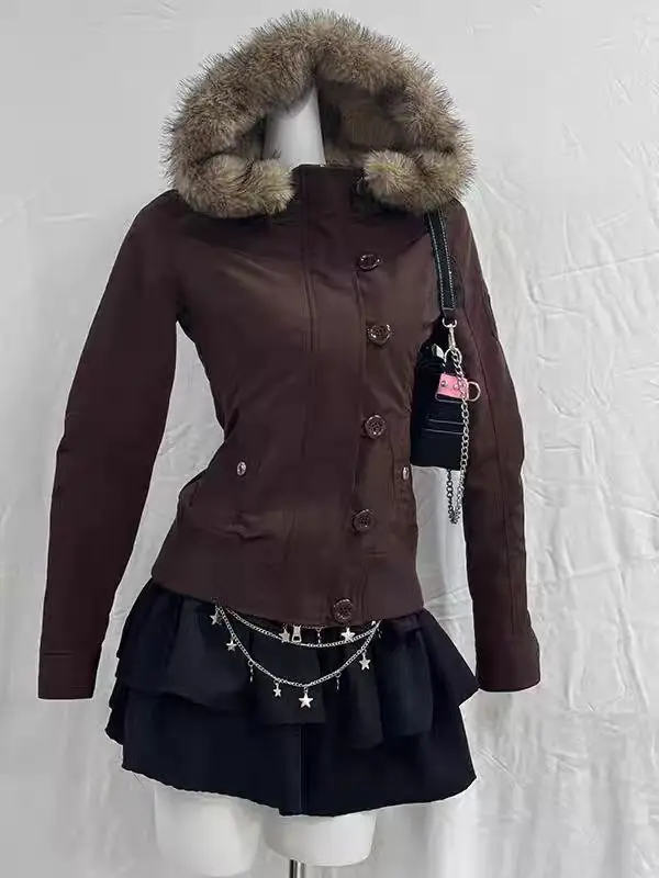 

Японская куртка с коричневым меховым воротником в стиле абпанк, американская ретро-готическая модная женская тонкая винтажная повседневная куртка с несколькими пуговицами