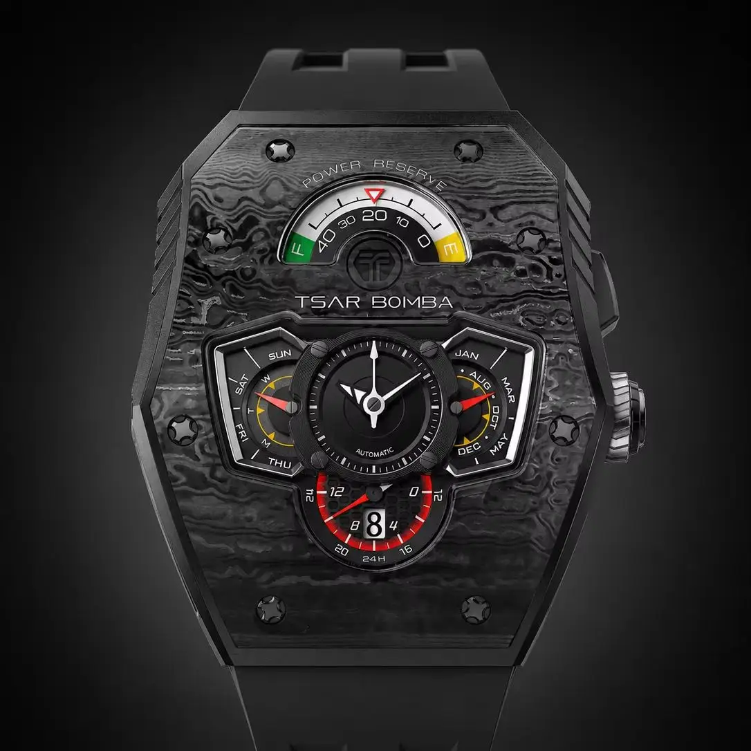 TSAR BOMBA Men Automatic Watch Miyota Movement Sapphire Crystal Ceramic/Carbon Fiber Bezel FKM Strap 50M Waterproof Luminous