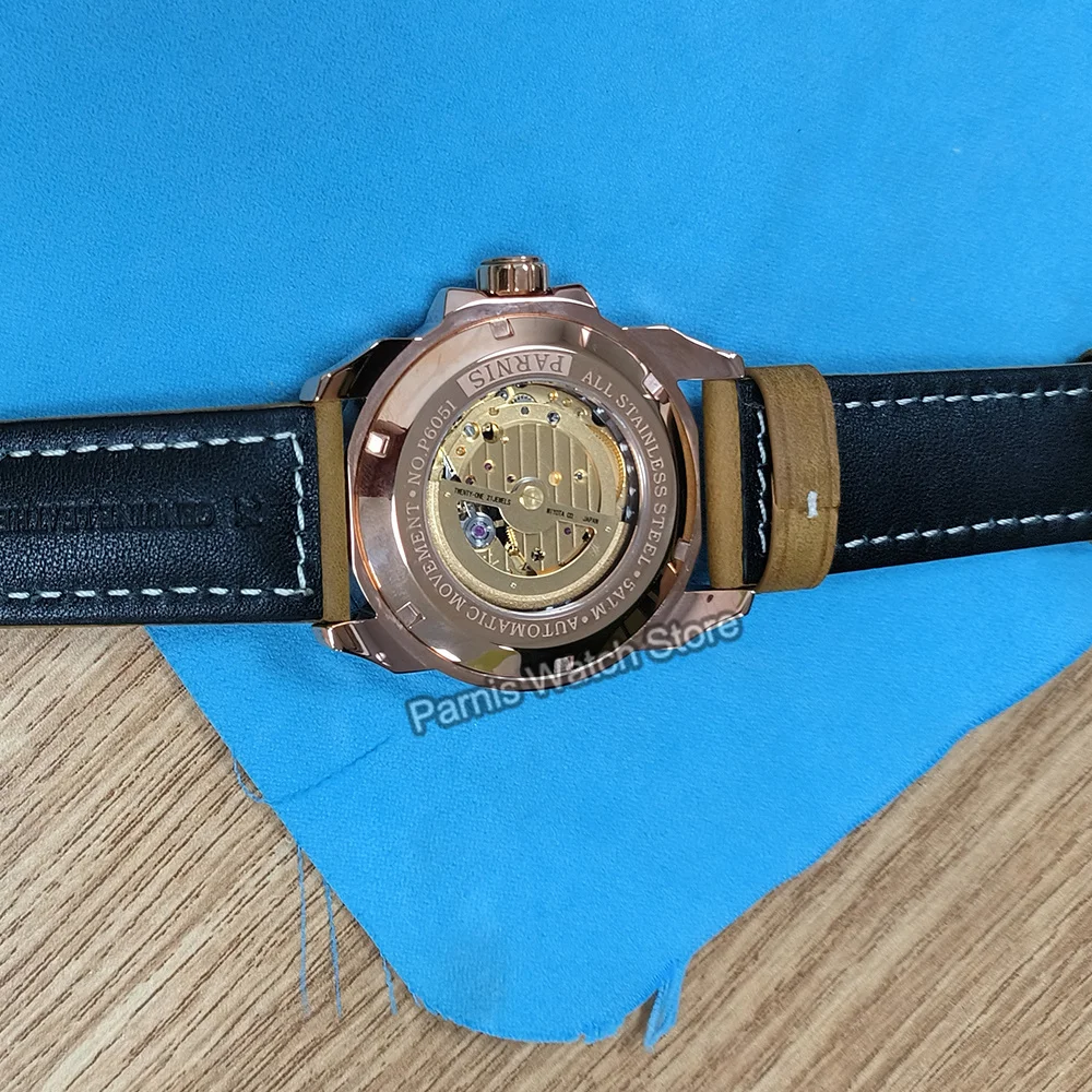 Parnis 44 مللي متر الهيكل العظمي الرجال اليابان 82S5 حركة ساعة ميكانيكية العسكرية الطيار ساعة PVD الأسود ارتفع الذهب حالة حزام من الجلد