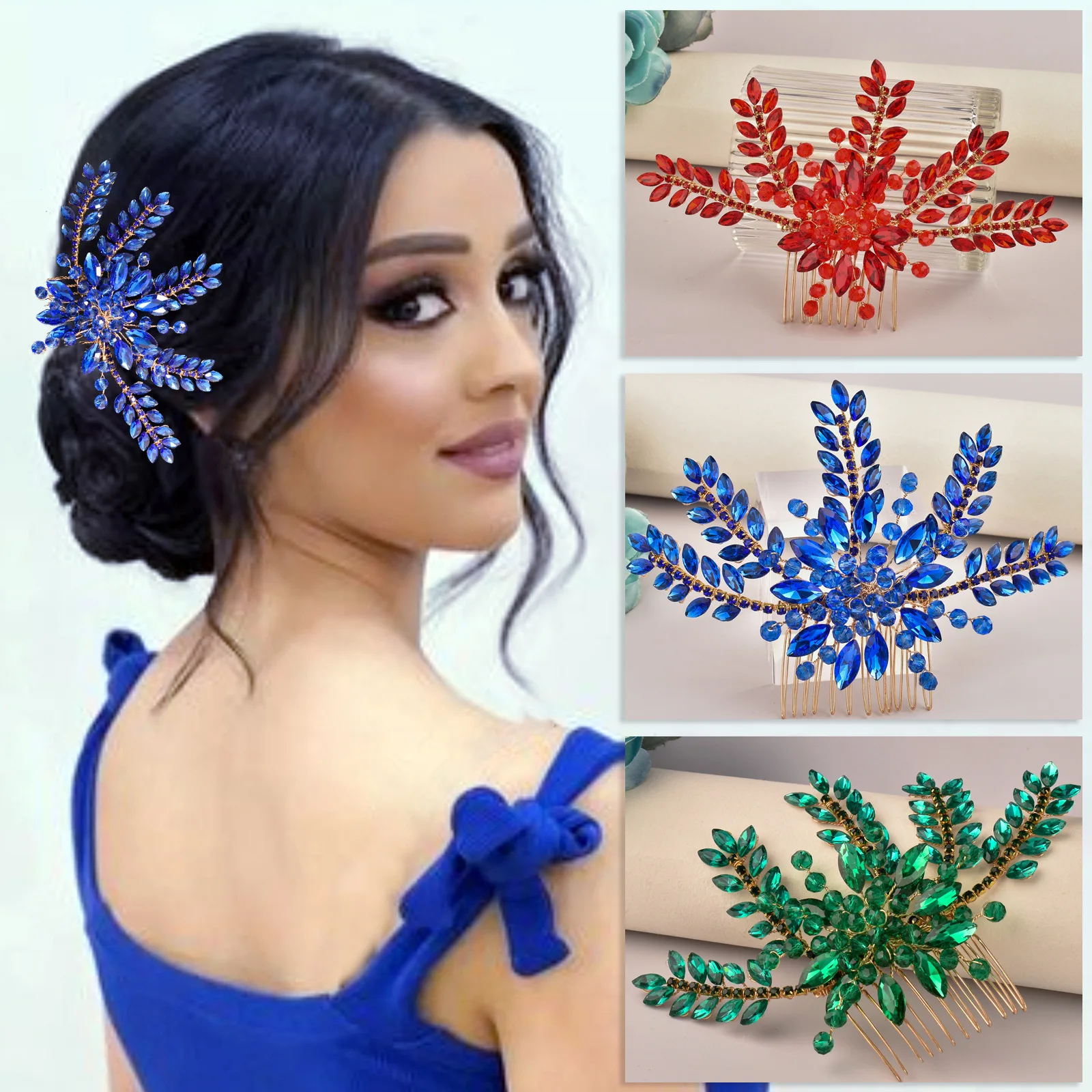 DZ138 Rhinestone Wedding Accessories Tiara Headpiece Wedding Hair Clips Jewelry Party Headdress Beads Colorful Crystal Headwear