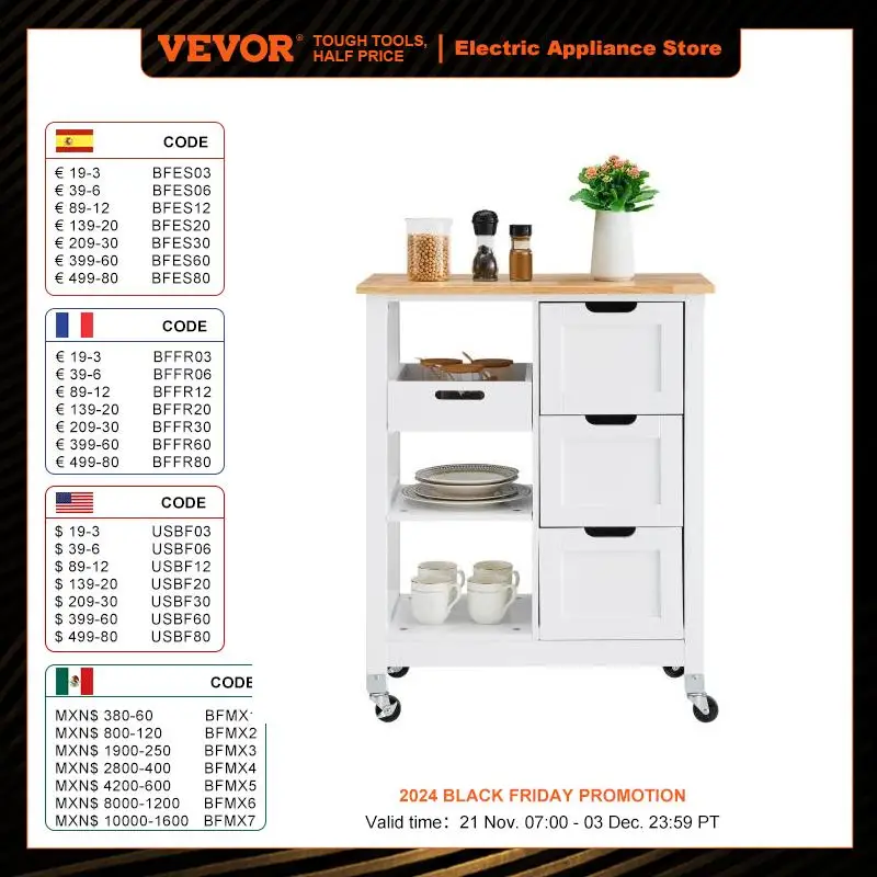 VEVOR Kitchen Island Cart Wood Top Mobile Breakfast Bar Rolling Kitchen Table with Drawers and Shelves Portable Island on Wheels