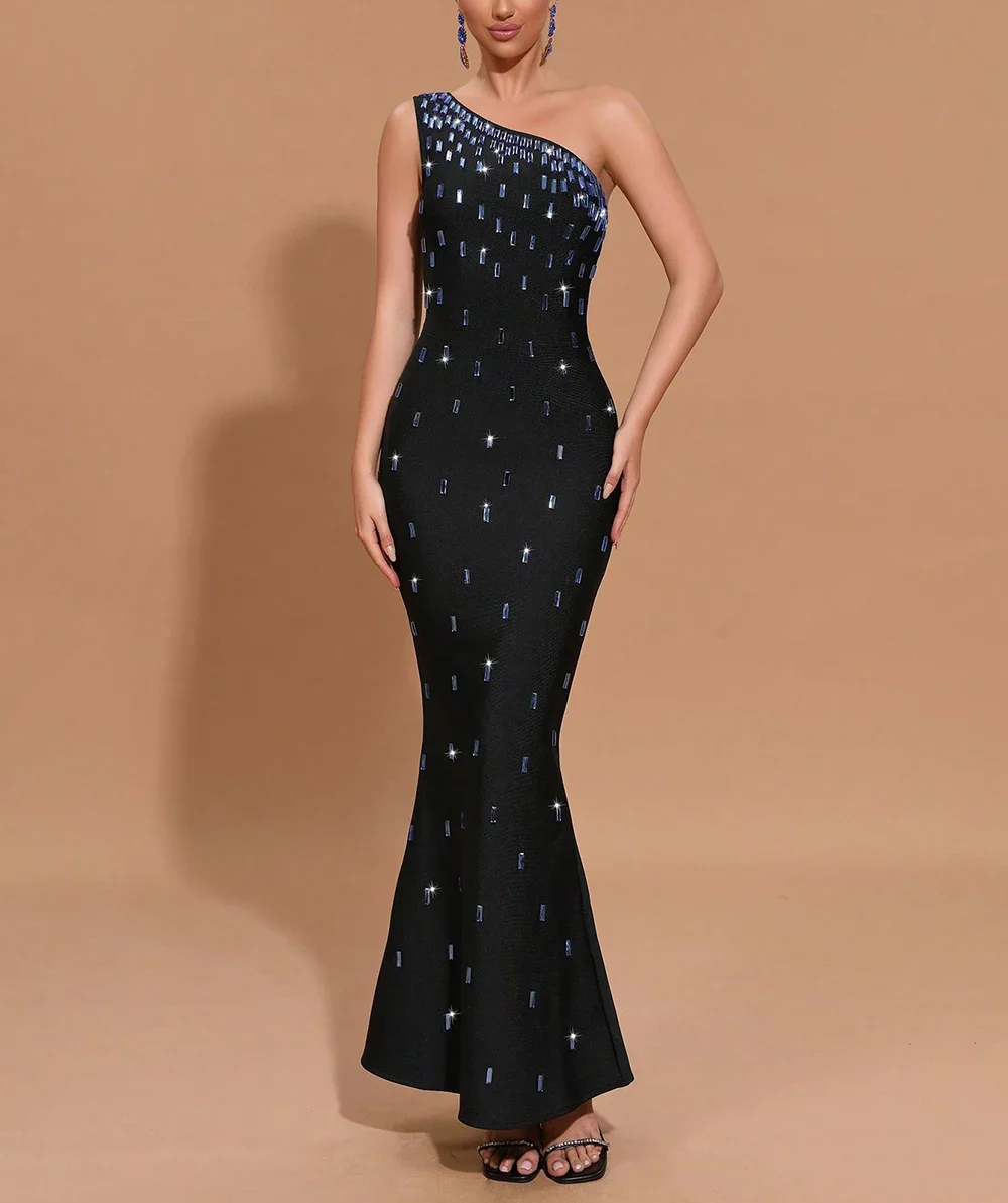 

New Women's Black Sexy One Shoulder Sparkling Diamond Mermaid Bandage Dress Elegant Party Celebrity Club Evening Dress