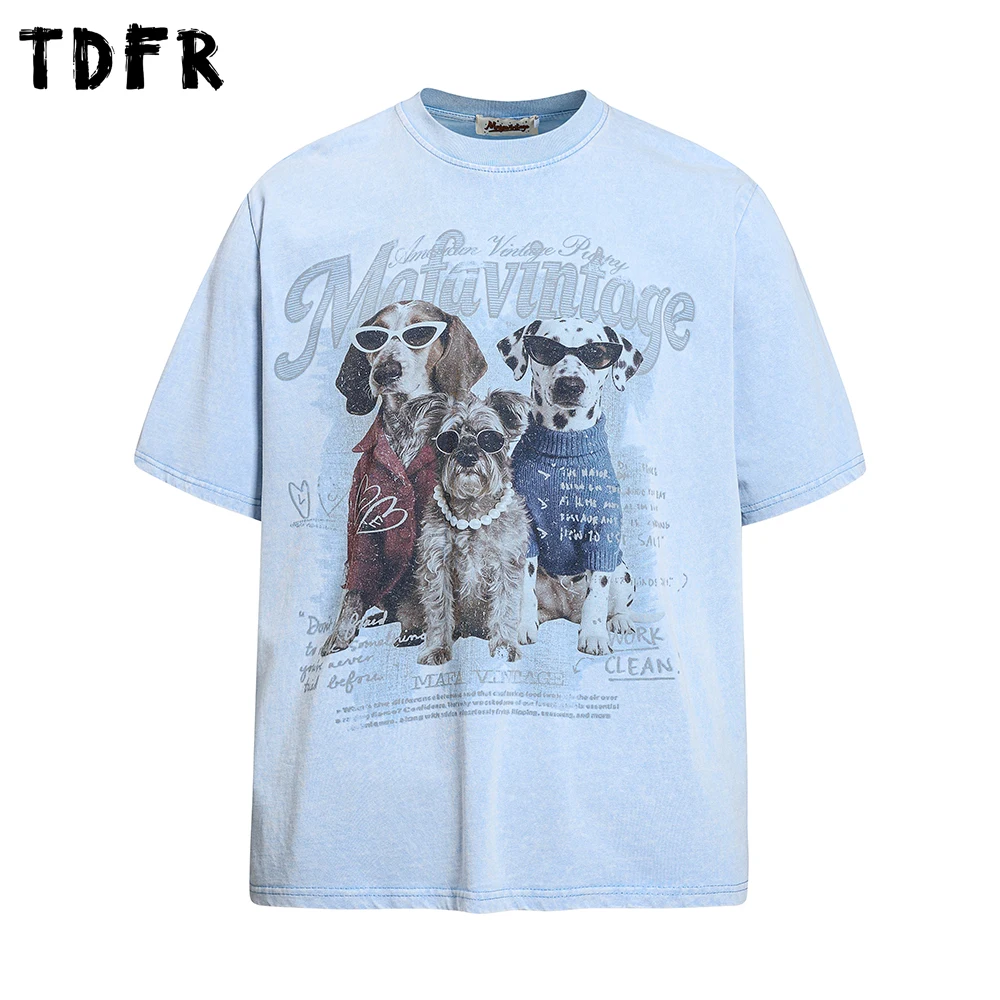 

Dog Print Short Sleeve T-shirt Mens Summer Casual Retro Washed Distressed Crew Neck Half-Sleeve Cotton Tee Man Tshirt