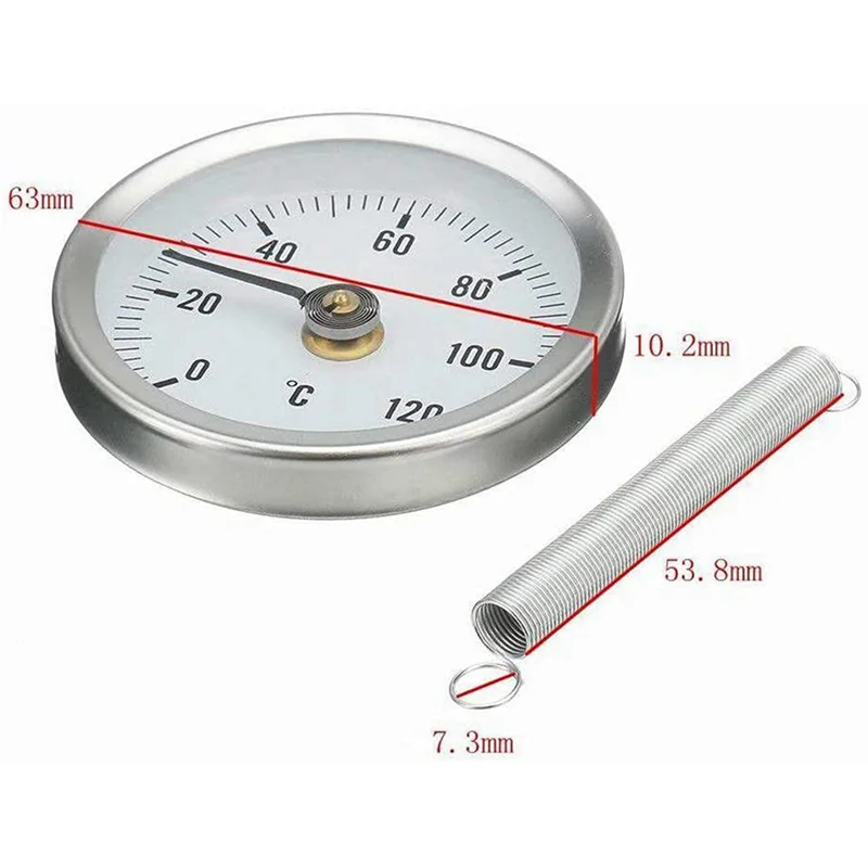 A45U 63Mm Pipe Clip-On Dial Thermometer Temperature Round Plate Gauge With Spring,Range 0-120℃, Aluminum Case, 15Pcs Set