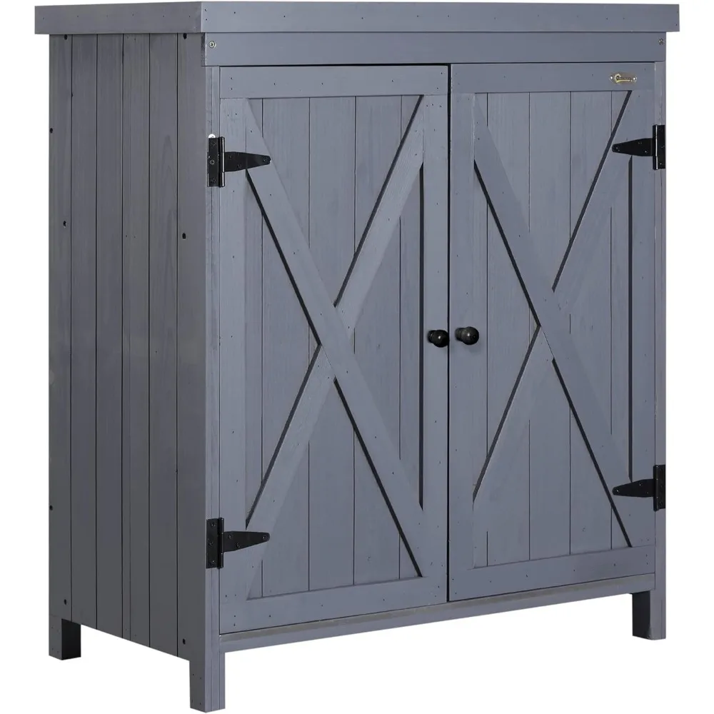

Outdoor Storage Cabinet, Outdoor Tool Shed with Galvanized Top and Two Shelves for Yard Tools or Pool Accessories, Gray