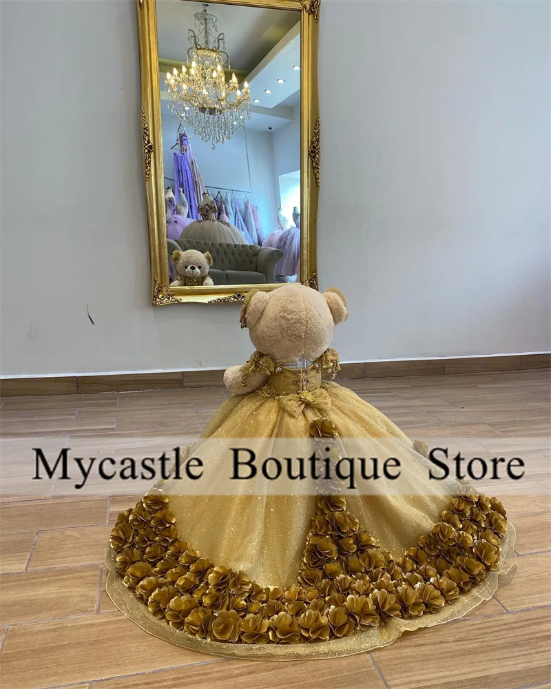 Luxury Gold Tulle Quinceanera Teddy Bear Dress 2024 Luxurious Crystals Applique Mini Quinceanera Dress