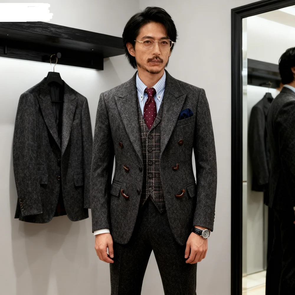 

Мужской темно-серый твидовый костюм для курения, уникальный однобортный деловой пиджак с двумя пуговицами, дизайн «рыбья кость», пальто для свадебной церемонии