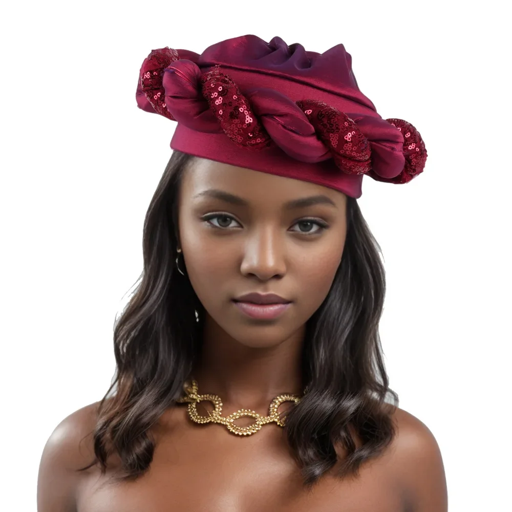 

Sequins Braid Turban Hat African Women's Wrap Head Cap Ready Nigeria Headtie Muslim Headscarf Bonnet Wedding Party Headpiece
