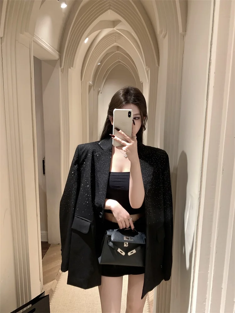 Hot Drilling Black Suit Jacket 2024 New Spring Autumn All-match Loose Outwear Elegant Single-breasted Casual Women Blazers Coat