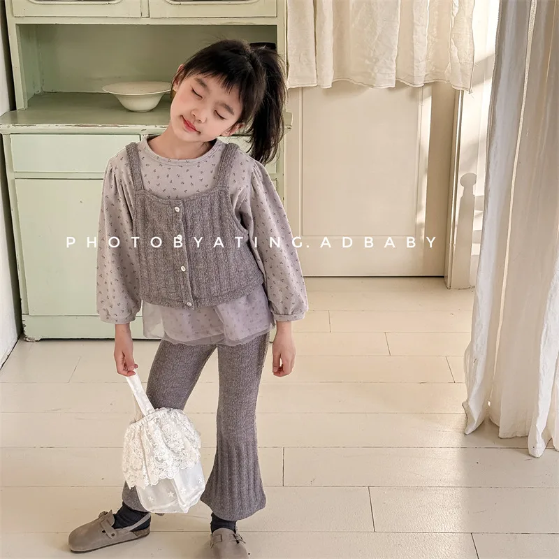 2026 Autumn New Children Sleeveless Clothes Set Baby Girls Solid Knitted Vest Cardigan + Flared Pants 2pcs Suit Kids Outfits