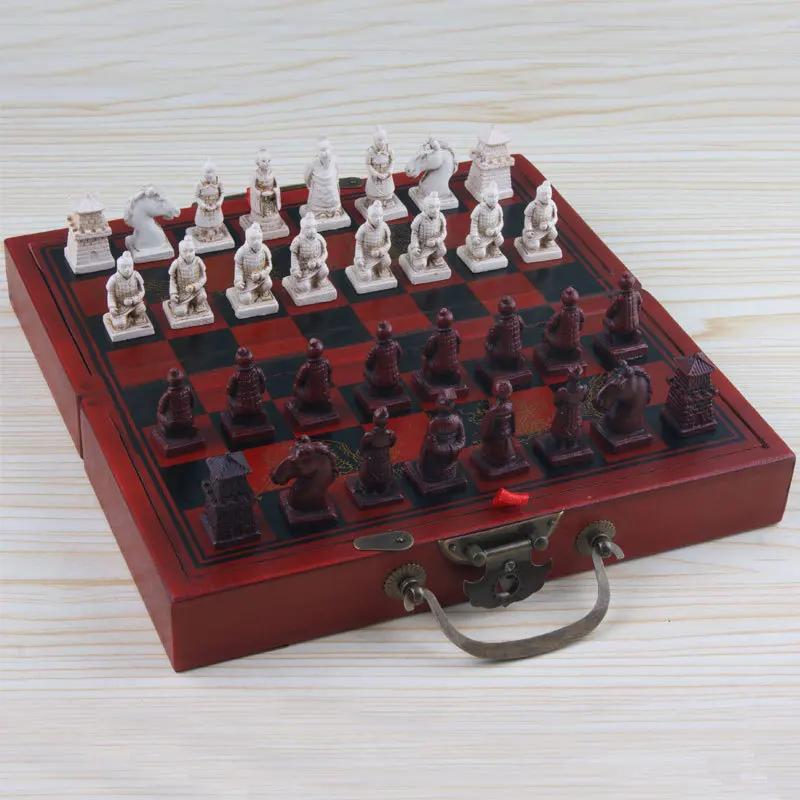 Chinese Style Terracotta Warriors Chess Board Set Resin Terracotta Chess Pieces 22*22cm Wooden Folding Chess Board Holiday Gift