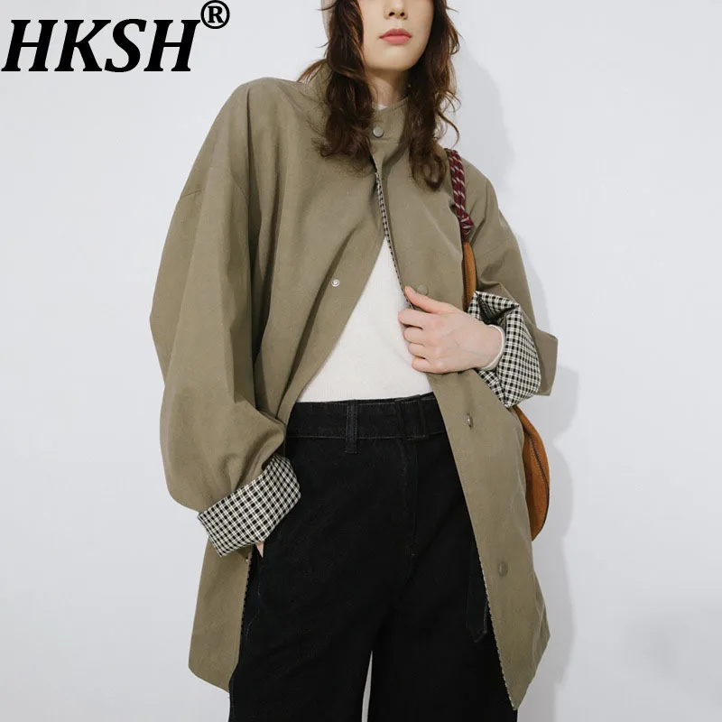 HKSH Spring Autumn New Women Trench Coat Stand Collar Single Breasted Plaid Reversible Jacket Versatile Tide Windbreaker HK13540