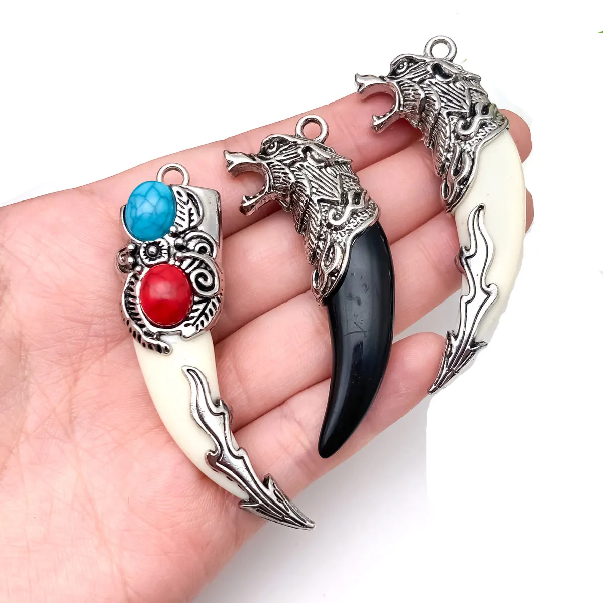 10Pcs Black White Brave Imitation Wolf Tooth Resin Turquoise Pendants Jewelry DIY Charms