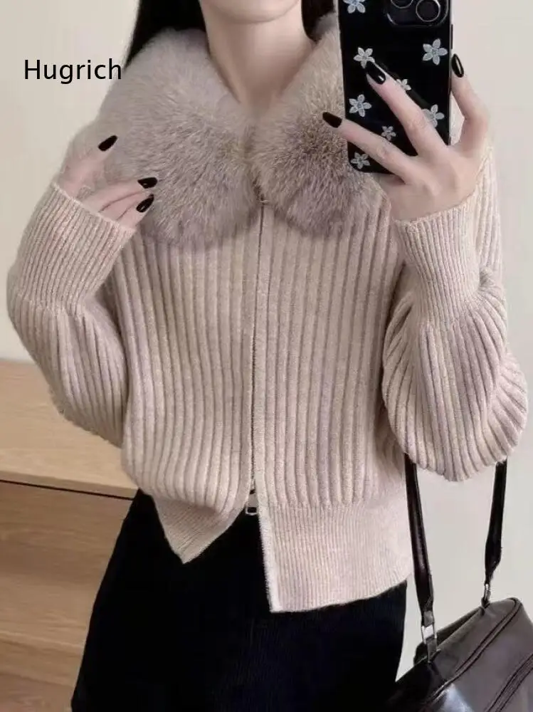 Zip Front Ribbed Knit Cardigan Women Removable Faux Fur Collar Long Sleeve Cropped Knitwear for Daily and Dating Outfits