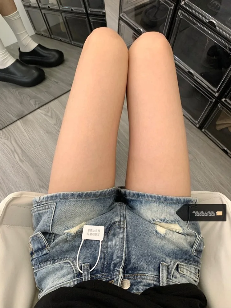 

Джинсовые шорты с низкой талией в американском стиле для девушек, осенне-зимние, прямые, А-силуэт, ретро, с эффектом потертости, в стиле рабочей одежды