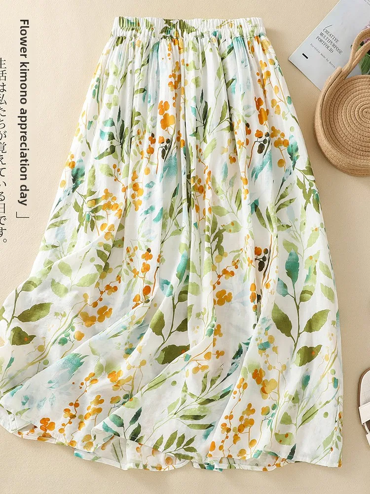 레트로 플로럴 코튼 린넨 하이웨이스트 얇은 A라인 스커트 여성 여름 미디 스커트 출퇴근용 하이웨이스트 플로럴 스커트
