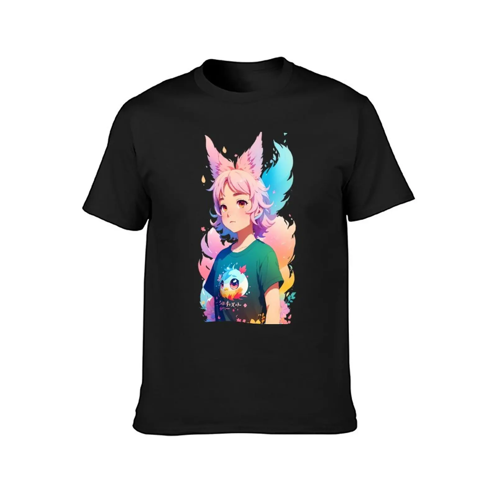 Mystical Charm: Girl with Wolf Ears in a World of Colors T-Shirt plus sizes customizeds Men's cotton t-shirt