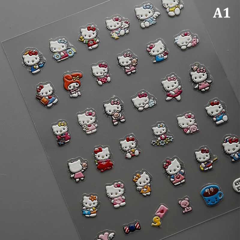 1 Sheet 5D Kawaii Sanrio Cartoon Nail Stickers Hello Kitty Kuromi Cinnamoroll Animation Nail Decals Press On Nails Art Supplies