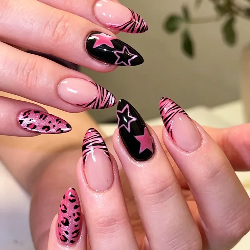 

24PCS Pink Black Star Press on Nails Y2K Zebra Leopard Print False Nails Almond Shaped Acrylic Nail Tips for Daily Wear Manicure