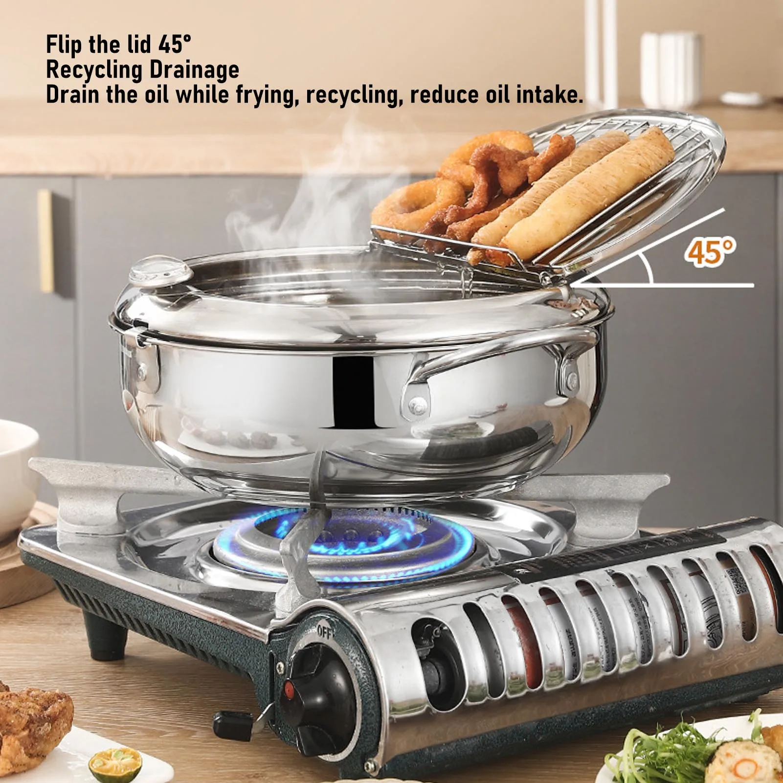وعاء قلي مزدوج الأذن 3.2 لتر 201 وعاء مقلاة من الفولاذ المقاوم للصدأ مع مقياس حرارة رف تجفيف الزيت لوعاء المقلاة Tempura #1