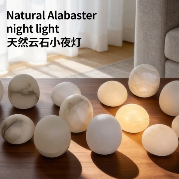 Natural Alabaster Touch-Controlled Ambient Night Light USB/Battery-Powered Bedside Lamp