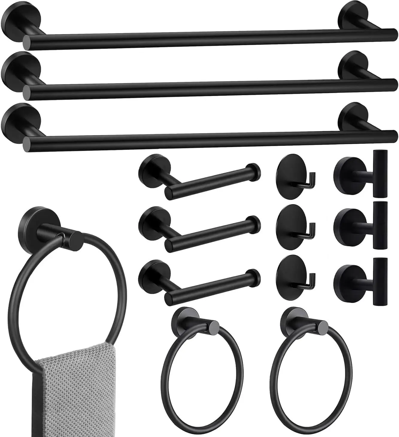 Matte Black Bathroom Hardware Set,  Towel Bar, Towel Ring, Toilet Paper Holder, 6PCS Robe Hook-Matte Black