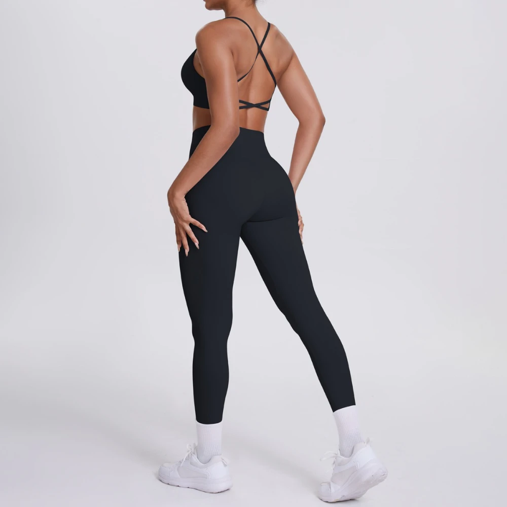 Women's Black Cross-Back Yoga Set Sports Bra with Cup Running Fitness Two-Piece Includes Running Shorts Sexy Gym Workout Ensembl