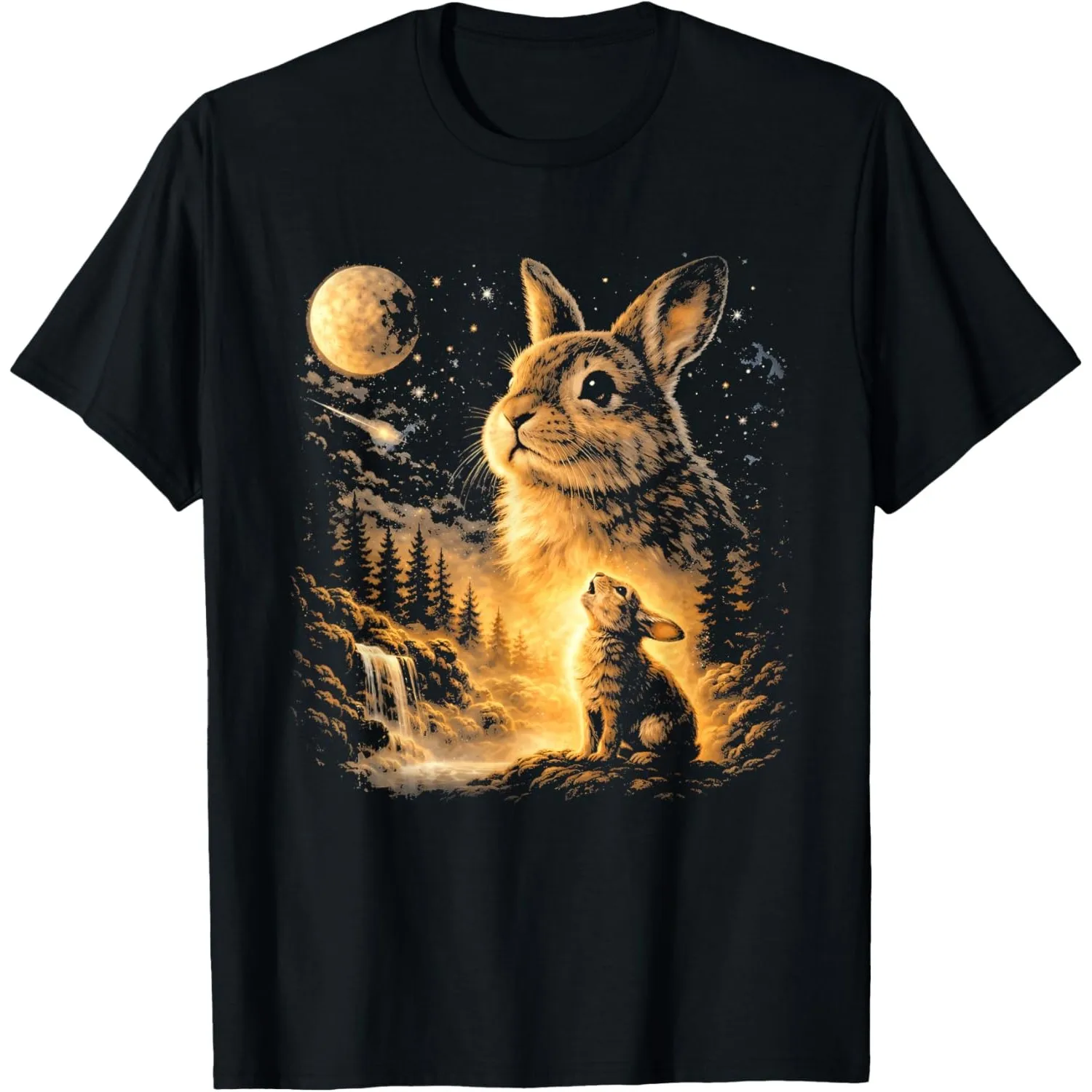 Rabbit Howling Moon Night Forest Waterfall Graphic Tee Unisex Casual Cotton T-Shirt