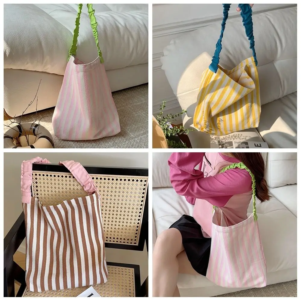 Print Stripe Canvas Bag Simple Pleated Shoulder Strap Portable Cloth Shoulder Bag Large Capacity Shopping Bag Tote Bag Women