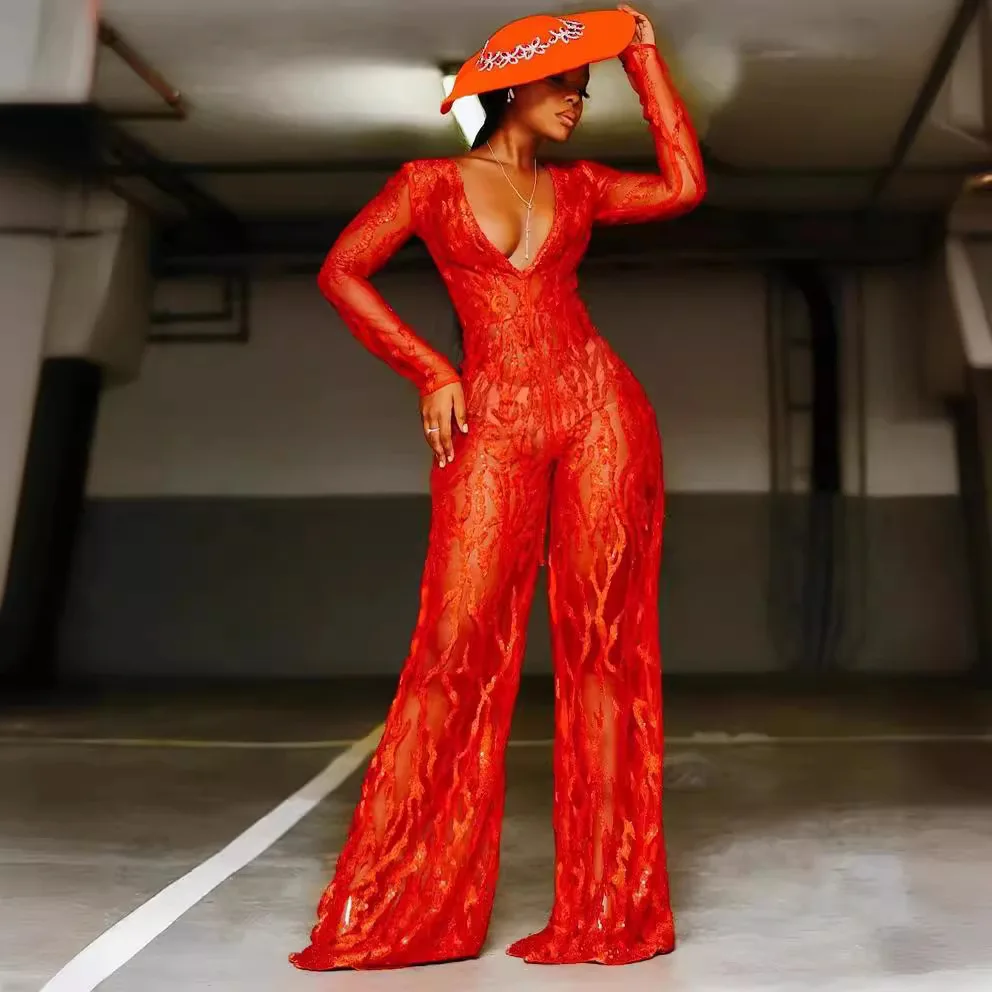 Spring Summer 2025 Women's Wi One-Piece Pants Deep V Bright Red Wide Leg Pants Gold Drip Commute Sle Polyester Fiber