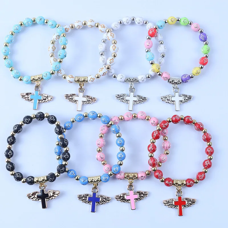 سوار مسبحة من خرز الأكريليك المتقاطع مع قلادة ملاك مطلية بالذهب - هدية معمودية دينية مجوهرات مصنوعة يدويًا (قابلة للتعديل) #5