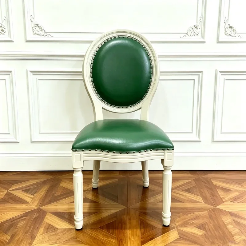 French light luxury white solid wood dining chair round embroidery backrest design high-end desk chair living room leather dinin