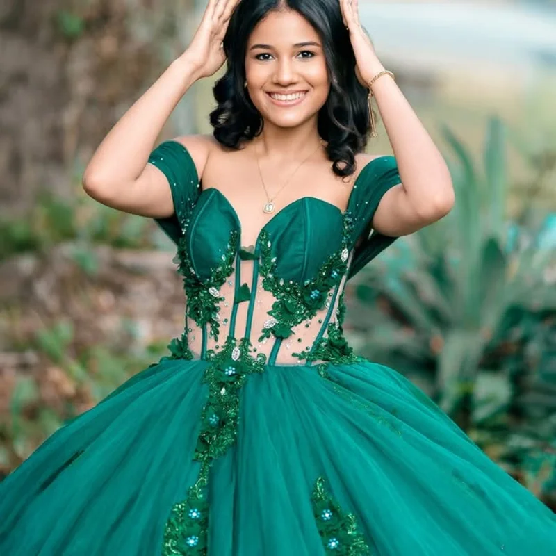 

dark green Quinceanera Dress Lace crystal Tull glitter decal Lace 3D flower vestidos de 15 Quinceanera ﻿Customized