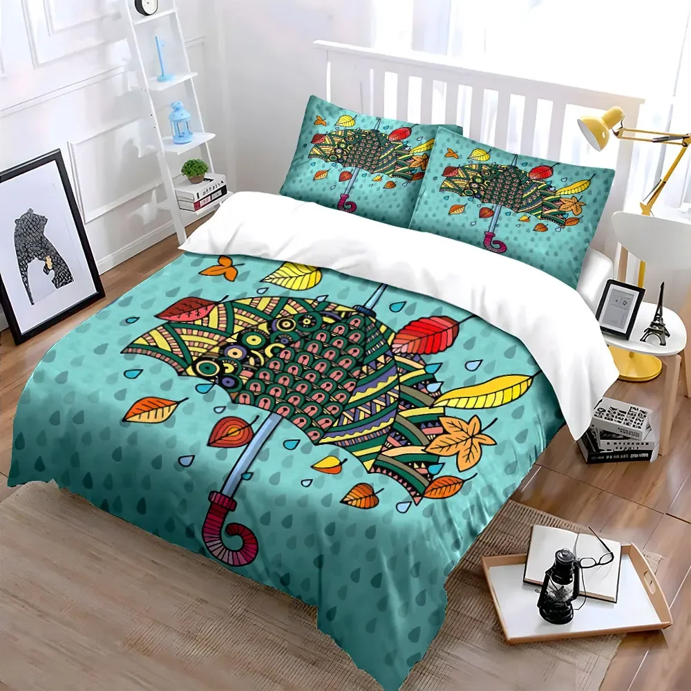 Colorful Umbrella Set Autumn Decor Soft Comfortable Duvet Cover Bedding Set Included 1*Duvet Cover & 2*Pillowcases, gift