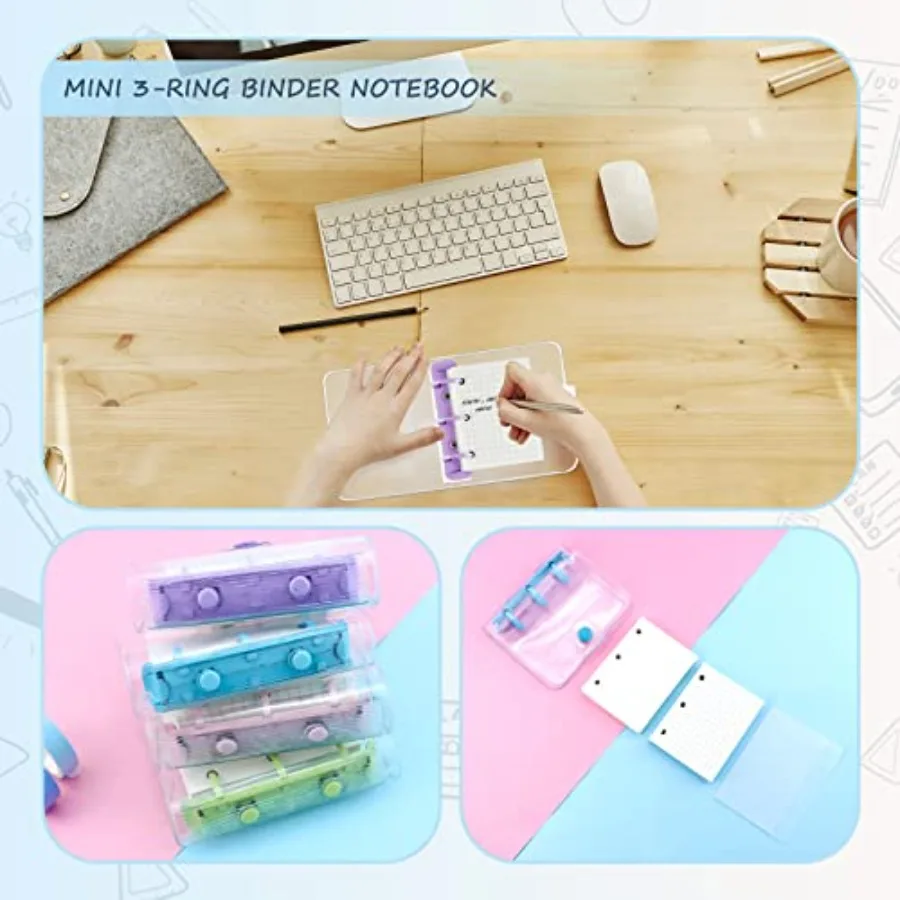 4 Pack Mini Transparent 3 Ring Binder Cove with Inner Paper and Pockets Clear Soft PVC Notebook Closure Loose Leaf Folder Round