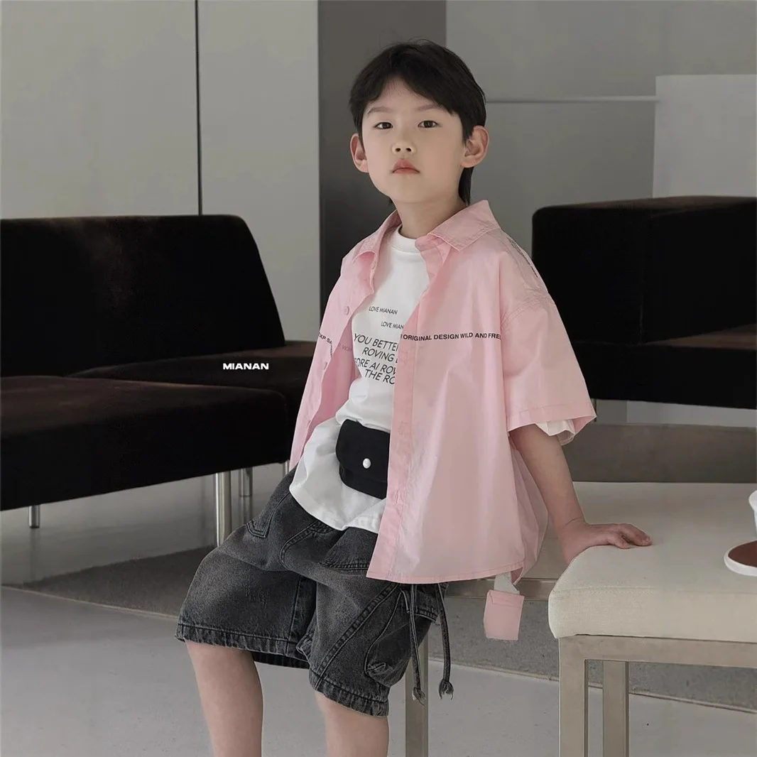 

2025 Summer New Boys' Letter Printed Short Sleeve Boys' Shirt Children's Korean Edition Western Style Shirt Top