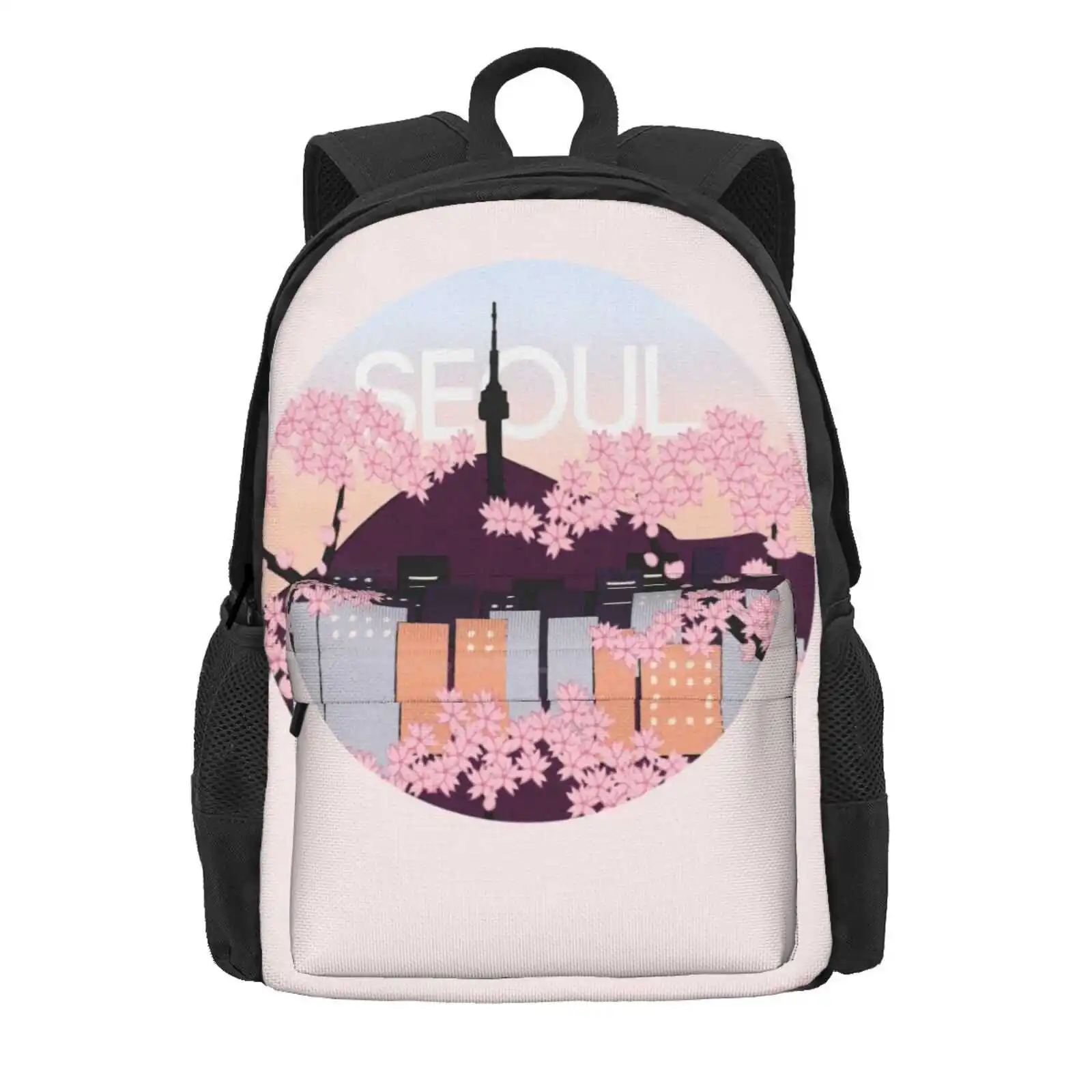 Seoul Tower With Woodblock Style Cherry Blossoms South Korea Hot Sale Schoolbag Backpack Fashion Bags South Korea Souvenir Kpop