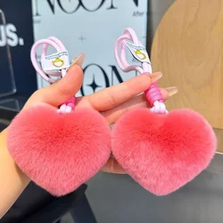 New Cute Real Rex Rabbit Hair Love Hand Rope Car Keychain Pendant Creative Plush Color Heart Bag Pendant Cute Keychain