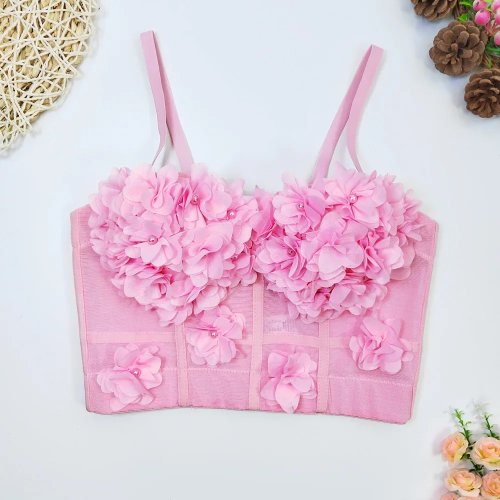 

Lace Mesh Fishbone Flower Vest Camis Women New Sexy Sleeveless Chest Padded French Beaded Short Bustier Croset Crop Tops K857