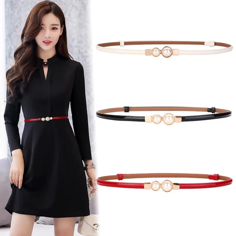 Genuine Leather Temperament Waist Cover Patent Leather Style Pearl Buckle Thin Waist BeltWomen's Dress Decoration Belt For Women