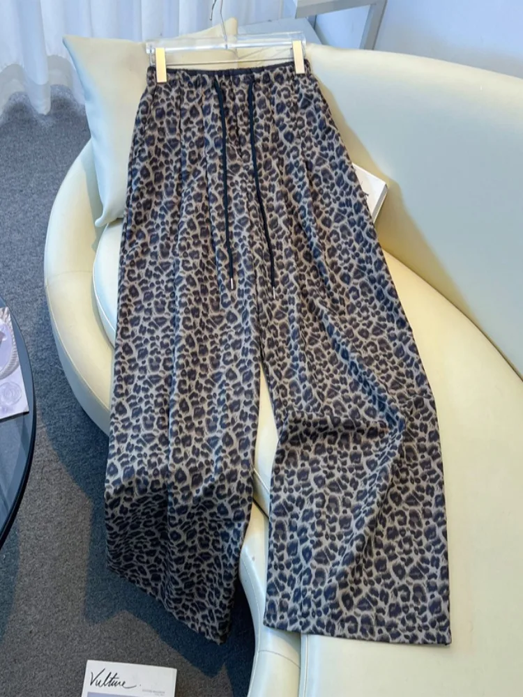

Gray Leopard Print Wide Leg Pants Women's Summer Drapey Loose Casual Trousers High Waist Drawstring Comfortable Straight Cut