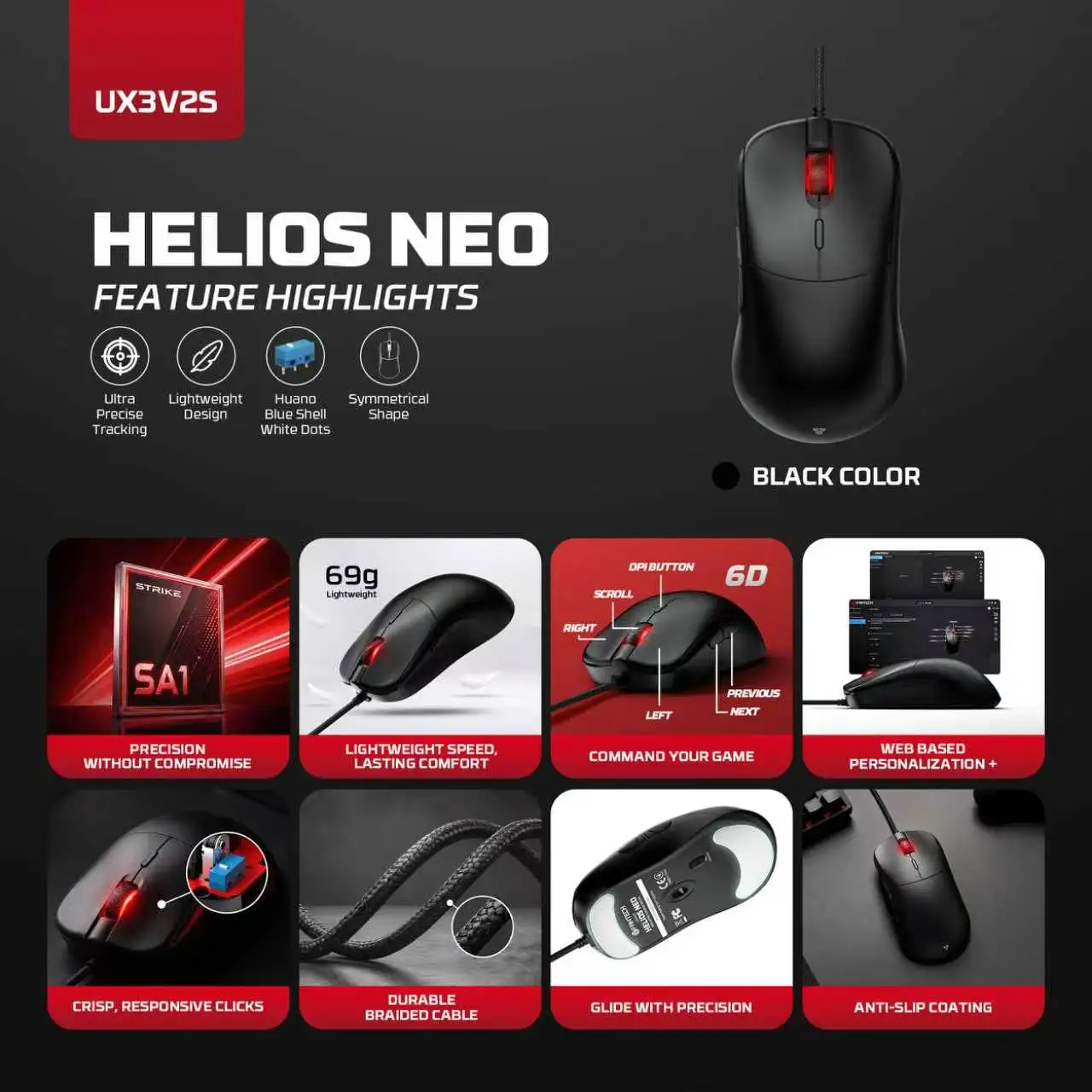 FANTECH HELIOS NEO UX3V2S Wired Mouse WEB-BASED 6 Button Macro 20000DPI 450IPS 1000Hz Gaming Mouse PTFE Skates Mice